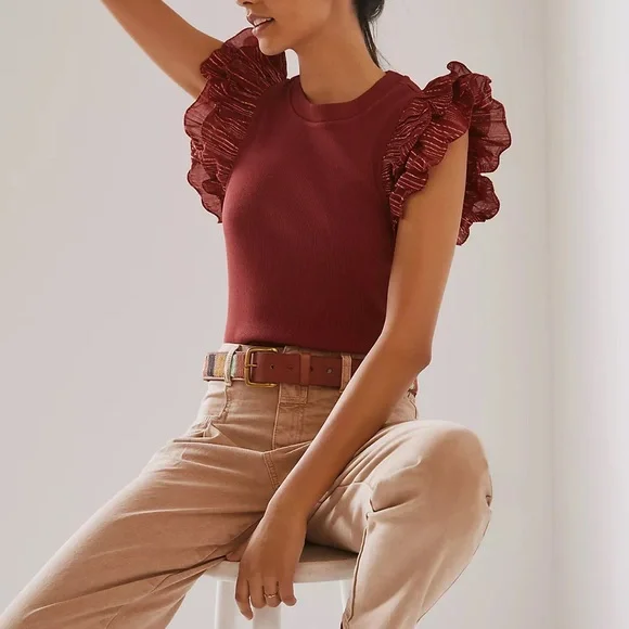 Anthropologie Burnt Red Fall Lurex Ruffle Sleeve Metallic Tank Blouse Shirt Sz S - Picture 1 of 9